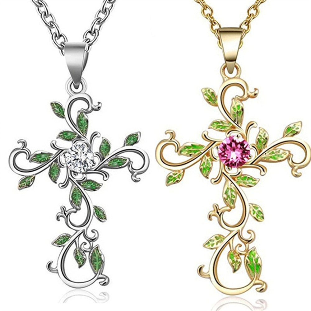 Creative Leaf Winding Cross Pendant Necklace For Women Diamond Clavicle Chain Fashion Jewelry Gift