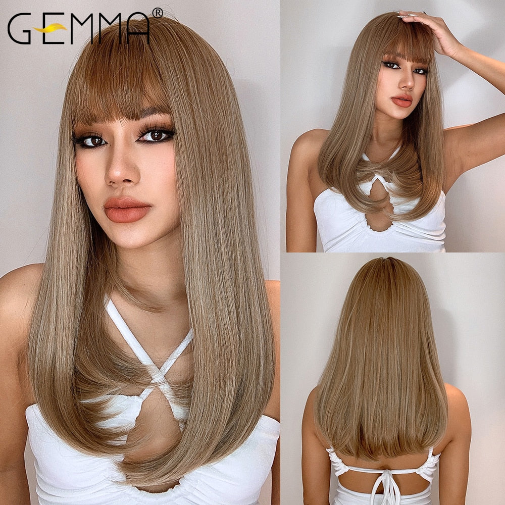 Flytonn Dark Brown BoBo Synthetic Wig with Bangs Shoulder Length Straight Wig for Women Cosplay Daily Hair Wig Heat Resistant Fibr