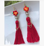 Flytonn Skulls With Red Tassels Dangle Earrings,Gothic Skull , Skull Drop Earrings,Women New Fashion,Day Of The Dead Jewelry