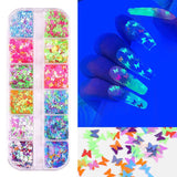 Flytonn 1Set 12 Colors Butterfly Holographics Nail Glitter Sequins 3D Love Sequins Decoration Design Sticker Nail Art DIY Accessories A1