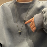 Flytonn Statement Hip Hop Long Necklace Metal Punk Cross Pendant Titanium Stainless Steel Chain Necklace For Women Men Jewelry Gift