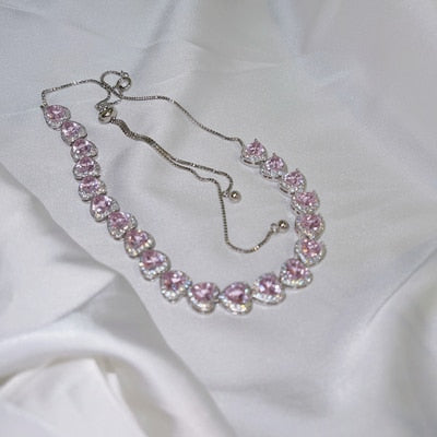 Flytonn Korean Trendy Sweet Pink Crystal Heart Necklace For Women Girls Elegant Zircon Snake Chain Choker Collares Jewelry