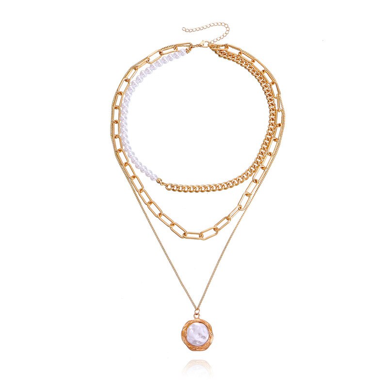 New Multilayer Trend Multilayer Pearl Bamboo Linked Chain Queen Beauty Pendant Necklace Diamond Shaped Pearl Pendant
