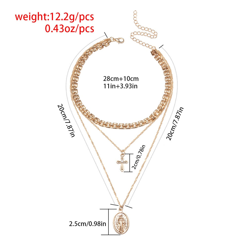 Flytonn  Punk Fashion Jewelry Accessories Trendy Multi-Layer Round With Crystal Cross Pendant Necklace Gift For Lover N-589