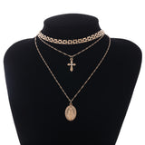 Flytonn  Punk Fashion Jewelry Accessories Trendy Multi-Layer Round With Crystal Cross Pendant Necklace Gift For Lover N-589