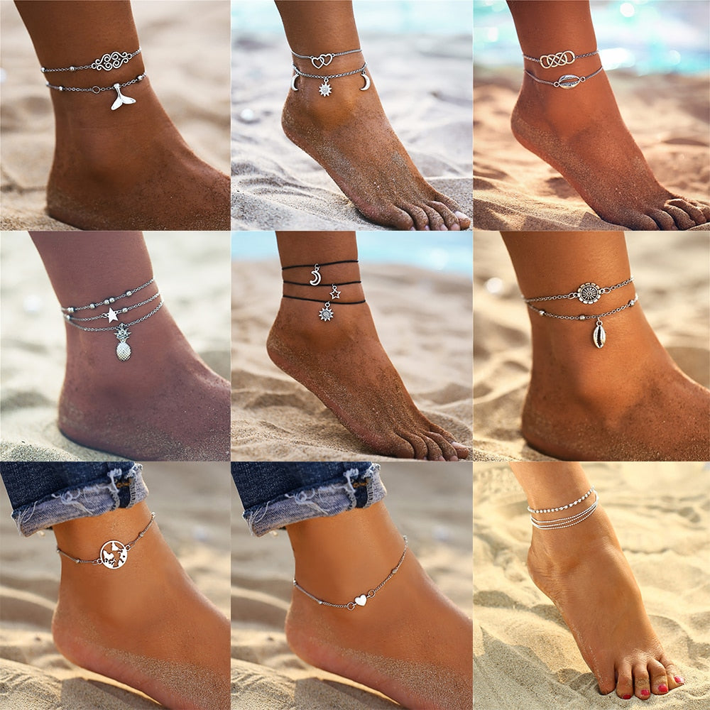 Flytonn  Boho Multilayer Beads Anklets For Women Multiple Styles Vintage Beach Rope Ankle Bracelet on Leg Summer Foot Jewelry