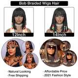 Flytonn African Braids Hair Synthetic Braiding Hair Short Black Bob Wig With Bangs Braided Wigs For Women Synthetic Kanekalon For Braids