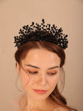 Flytonn Luxury Black Crystal Wedding Crown Fashion Handmade Bridesmaid Hair Jewelry Tiaras Bridal Hair Accessories for Women Headpiece