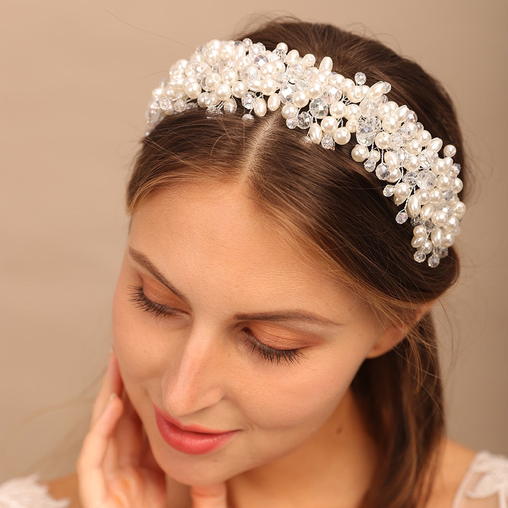 Flytonn Bridal Tiara Headwear Pearl Crown Princess Wedding Bridal Tiara Pear Crystal headband Wedding Hair Jewelry Bridal Accessories
