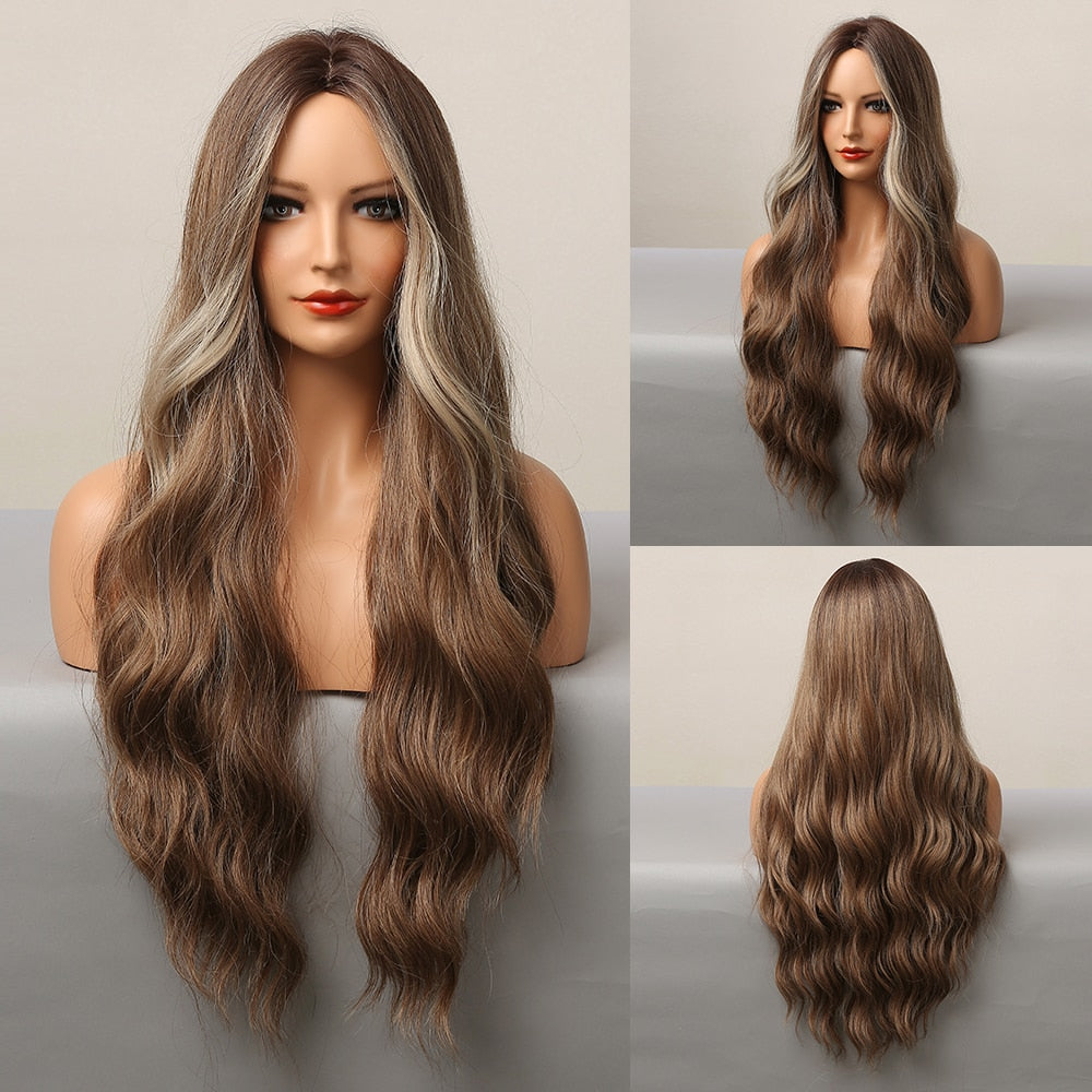 Long Body Wave Black Brown Highlight Synthetic Wigs for  Women Afro Natural Middle Part Cosplay Heat Resistant Fake Hair
