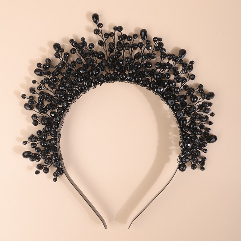 Flytonn Luxury Black Crystal Wedding Crown Fashion Handmade Bridesmaid Hair Jewelry Tiaras Bridal Hair Accessories for Women Headpiece
