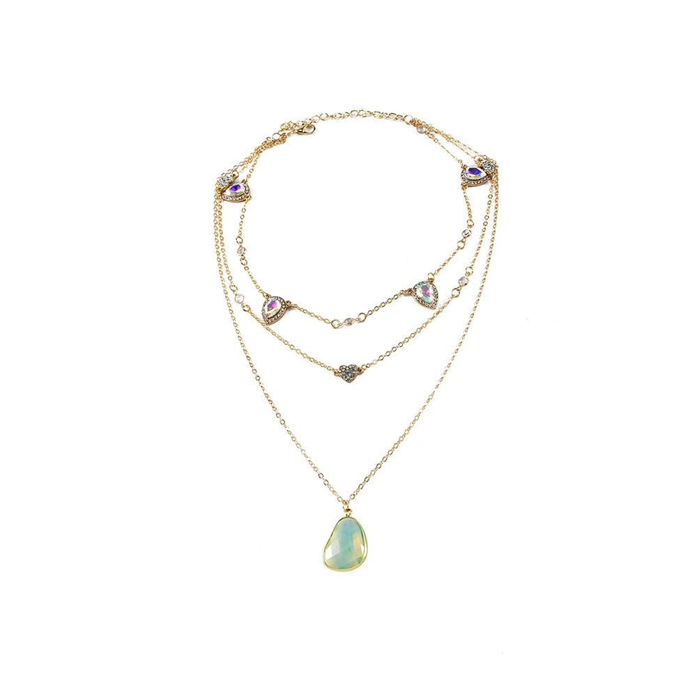 Flytonn Boho Vintage Gold Color Necklaces For Women Crystal Heart-shaped Water Drop Opal Pendant Necklace Multilayer Female Jewelry