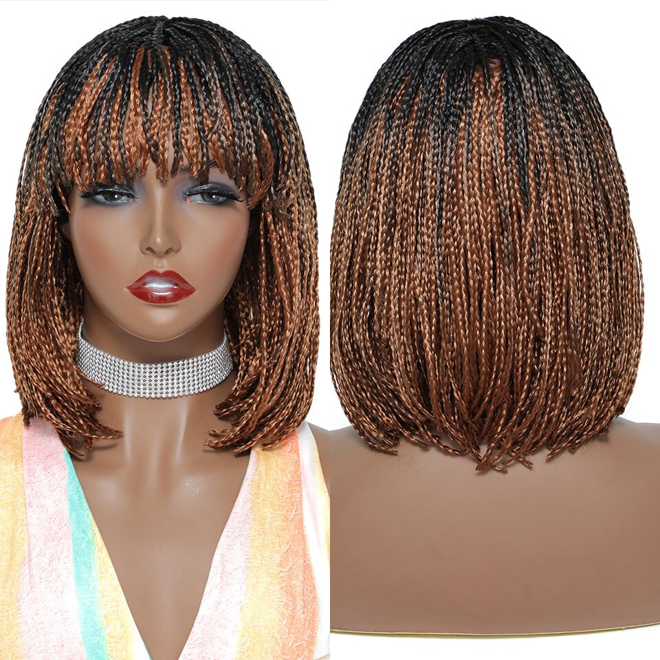 Flytonn African Braids Hair Synthetic Braiding Hair Short Black Bob Wig With Bangs Braided Wigs For Women Synthetic Kanekalon For Braids