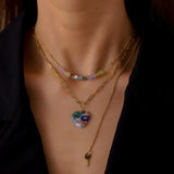 Flytonn Stainless Steel Necklace for Women Gold Love Flower Glass Gravel Key Pendant Titanium Steel Double Necklace Clavicle Chain