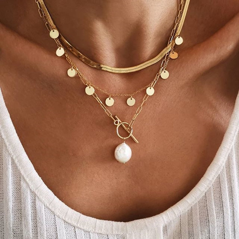 Flytonn Women Necklace Coin Pendant Necklace Pearl Pendant Retro Fashion Clavicle Chain Jewelry Wholesal