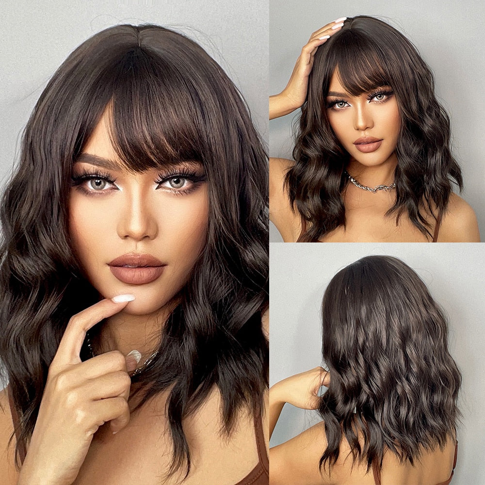 Flytonn Dark Brown BoBo Synthetic Wig with Bangs Shoulder Length Straight Wig for Women Cosplay Daily Hair Wig Heat Resistant Fibr