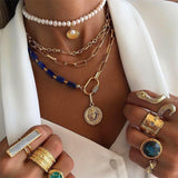 Bohemian Color Stone Mosaic Necklace for Women Fashion Romantic Multilayer Necklace Pearl Clavicle Chain Sweat Necklace