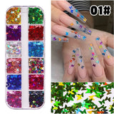 Flytonn 1Set 12 Colors Butterfly Holographics Nail Glitter Sequins 3D Love Sequins Decoration Design Sticker Nail Art DIY Accessories A1