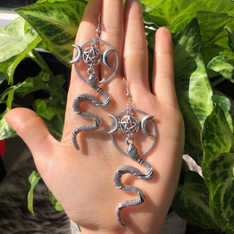 Flytonn New Gothic Snake Pentagram And Moon Animal Earrings Goth Witch Fashion Jewelry Women Gift Grunge Crescent Statement Rock Punk