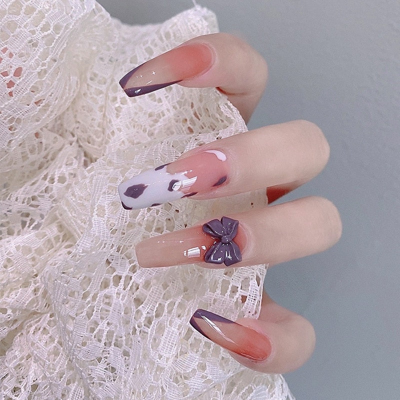 Flytonn 24pcs/Box Jelly Red Long Coffin False Nails Strawberry Bow Star Press On Nails Fake Nails with Designs Wearable Full Cover Nail