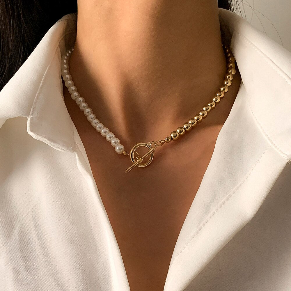 Alloy Beads Chains Necklace for Women Toggle Clasp Lariat Lock Men Choker Necklace Jewelry Baroque Pearl Neck Chains Charm