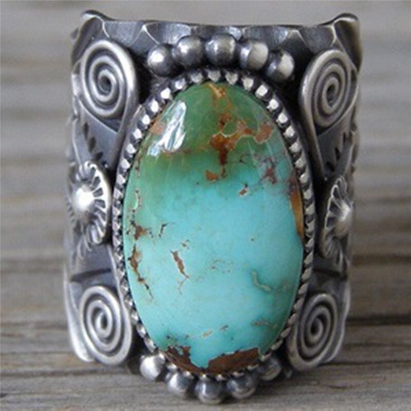 Flytonn Unique Vintage Green Natural Stone Rings Classical Style Unisex Exaggerated Big Opal Crystal Finger Rings
