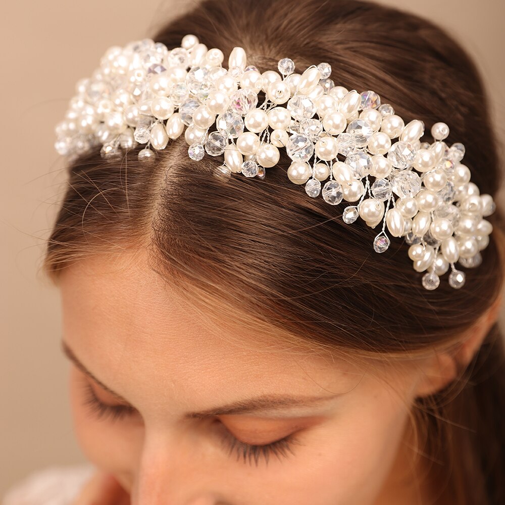 Flytonn Bridal Tiara Headwear Pearl Crown Princess Wedding Bridal Tiara Pear Crystal headband Wedding Hair Jewelry Bridal Accessories