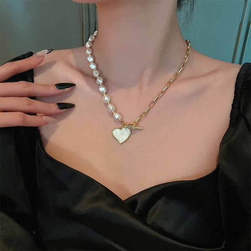 Flytonn Korean Fashion Pearl Hollow Chain Clasp Necklace for Women Heart Pendant Women's Necklace Party Gift Jewelry Collares Para Mujer