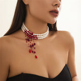 Flytonn-Dorothy Red Blood Pattern Pearl Tassel Pendant Necklace