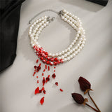 Flytonn-Dorothy Red Blood Pattern Pearl Tassel Pendant Necklace