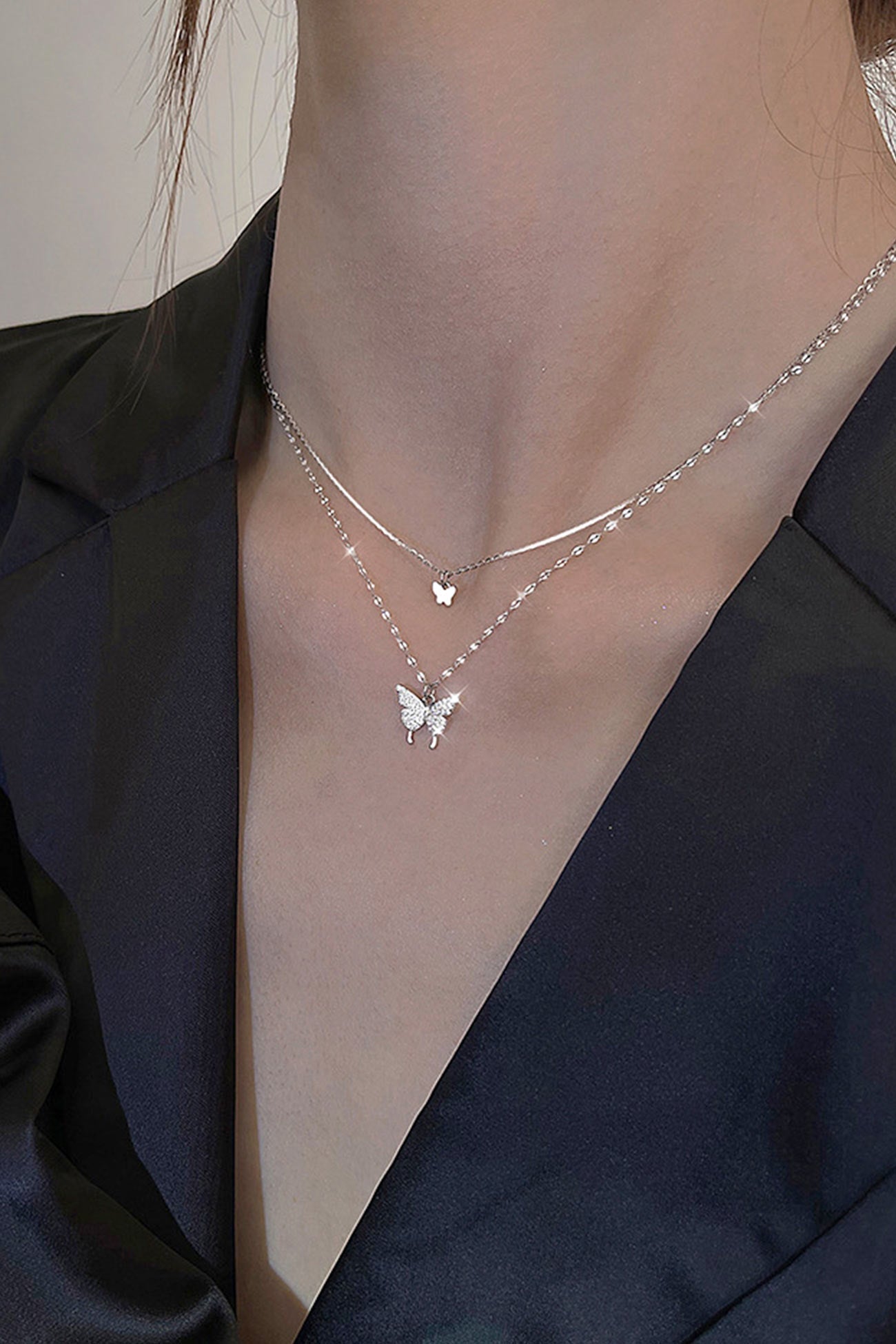 Flytonn-Valentine's Day gift Pure Silver Double Layer Butterfly Necklace
