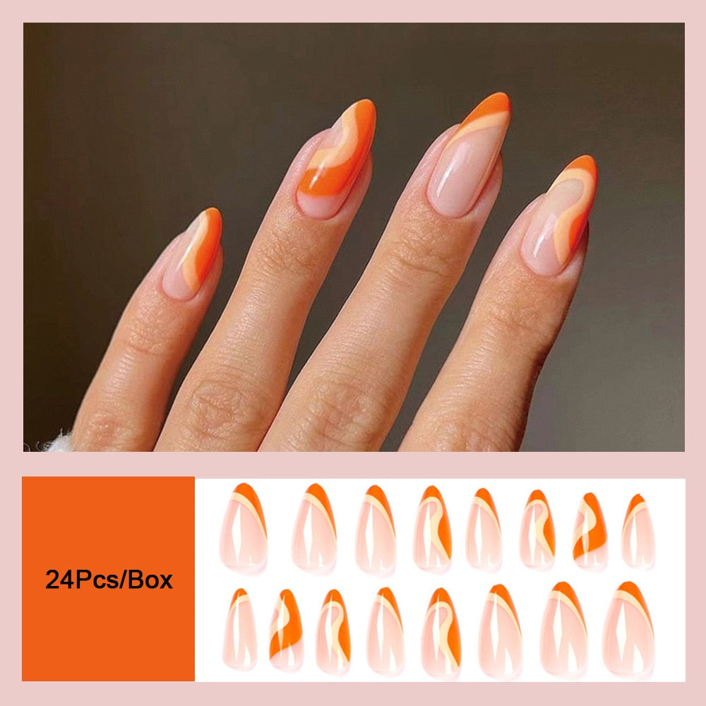 Flytonn New Rainbow Color French Tips Fashion Almond Fake Nails With Designs Wearable False Nails Press On Nails DIY Manicure Patches