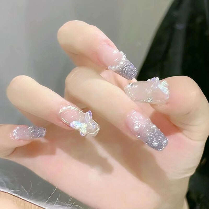 Flytonn Press on Nails Long with Designs Pink Rhinestones False Fake Nails Press On Coffin Artificial Nails for Women Stick on