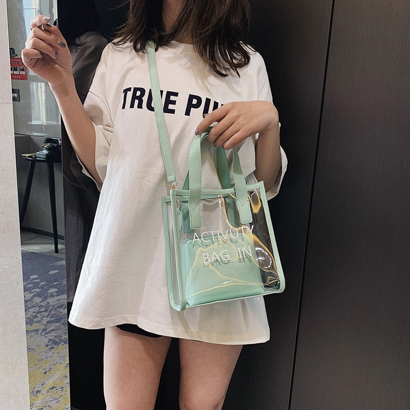 Back to school Women hand-held PVC bag spring and summer new portable transparent small square bag simple and cute one-shoulder diagonal bag