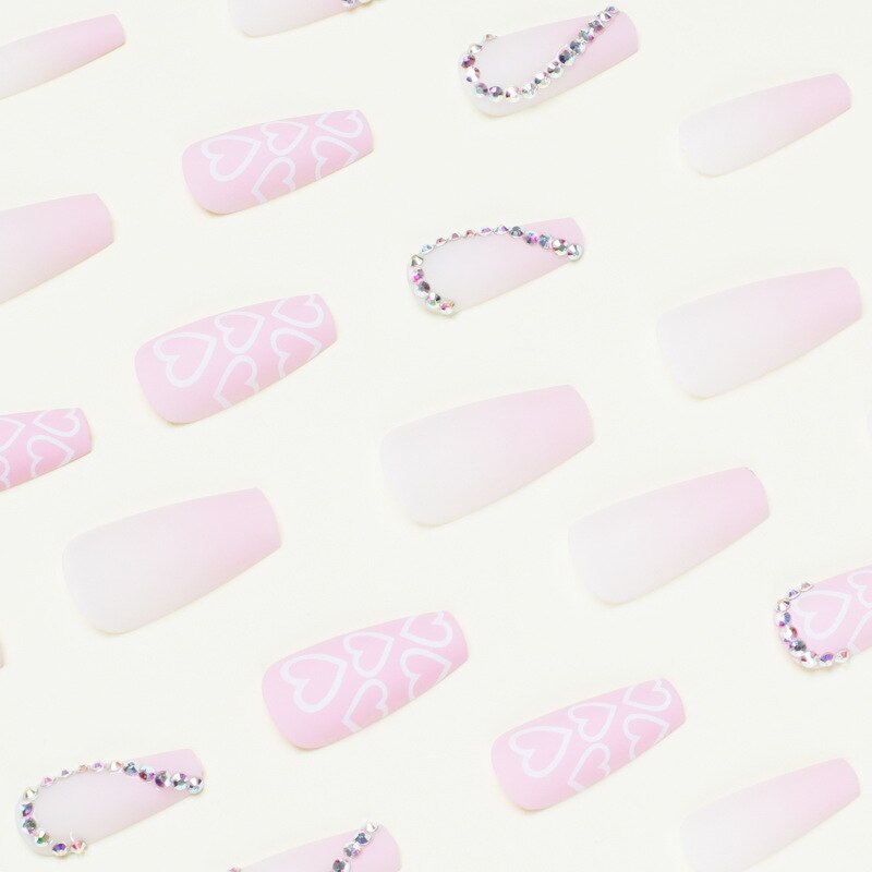 Flytonn Pink Heart Fake Nails Set 24Pcs/Set Korean Style False Nails With Designs Nail Art Accesoires Nail Art Charms Professional