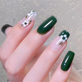 Flytonn Green Glossy French Tips Coffin Fake Nails With Designs Lovely White Flower Ballerina False Nails Press On Nails DIY Manicure