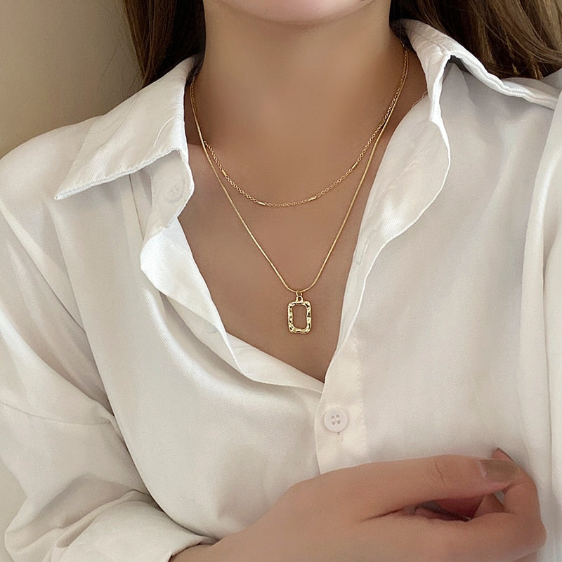 Flytonn 2022 Korea Fashion Women Double Layer Necklace Fairy Hollow Square Gold Silver Pendant Necklace Women Girls Luxury Jewelry Gifts
