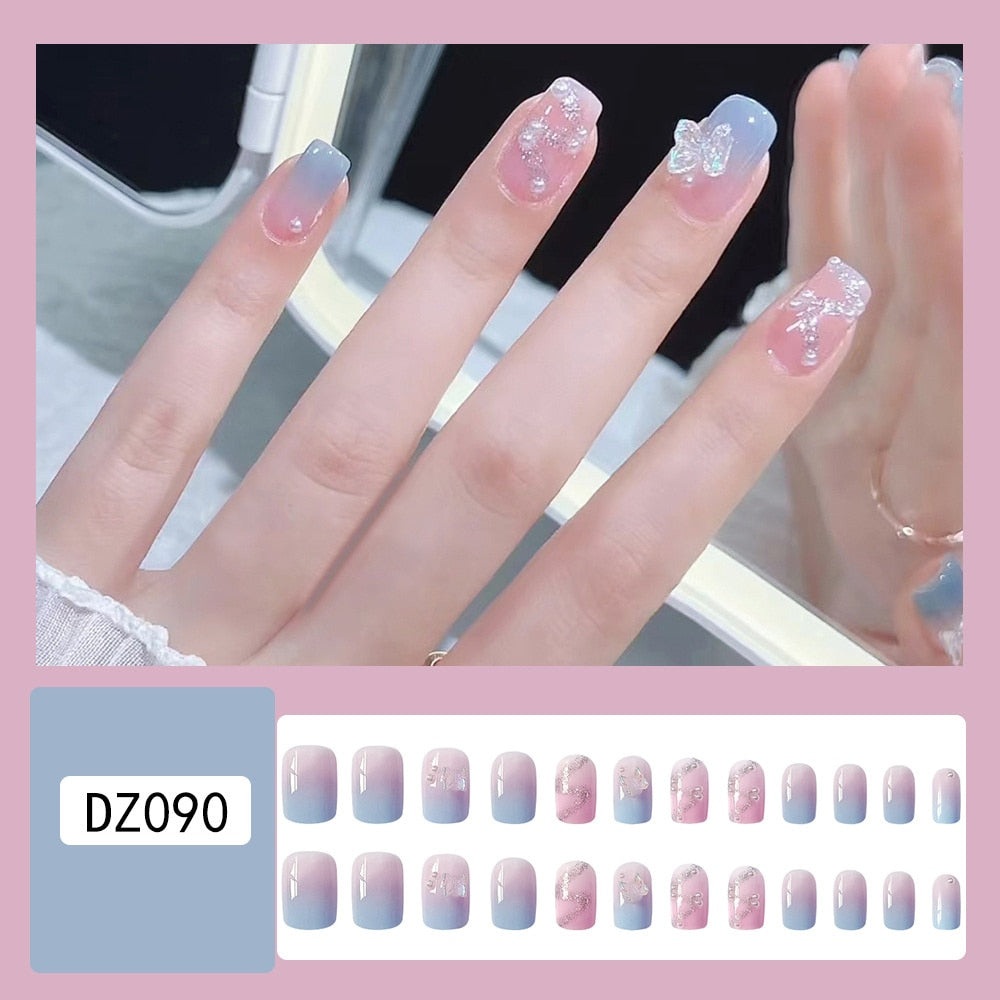 Flytonn Fall/Winter Ambiance  24pcs False Glitter Y2k Nails Long Ballet Gradient Fake Nail Stickers With Flower Pearl Designs Square Nails Press On Nail Tips