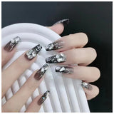 Flytonn Full Rhinestones Gradient Black Long Coffin Aurora False Nails Set Press On Ballerina Nails With Designs Diamond Fake Nail Tips