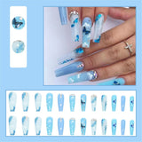 Flytonn  Blue Long Ballerina Fake Nails Set Press On Nails French Butterfly False Nail Tips With Designs Shiny Rhinestone Coffin Nails