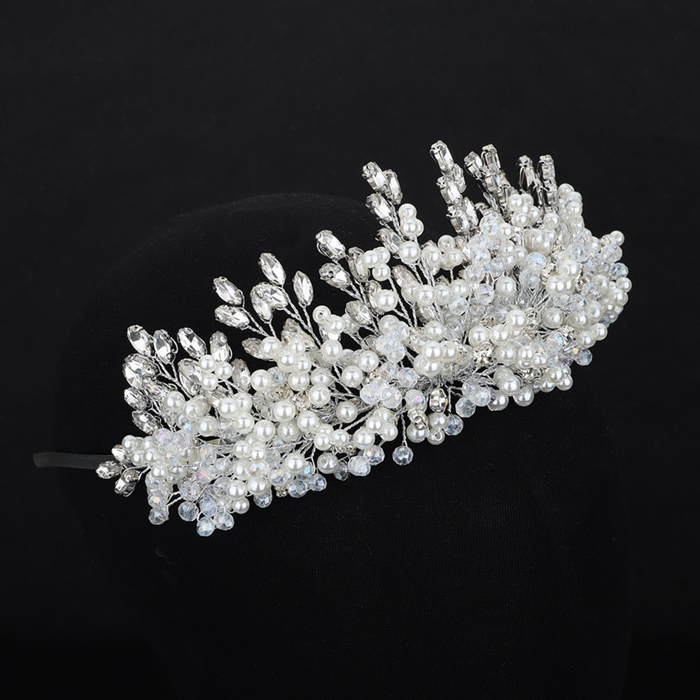 Flytonn Silver Luxury Rhinestone Bridal Crown Trendy Pearl Crystal Diamonds Wedding Headband Hair Accessories Gold Handmade Headpiece