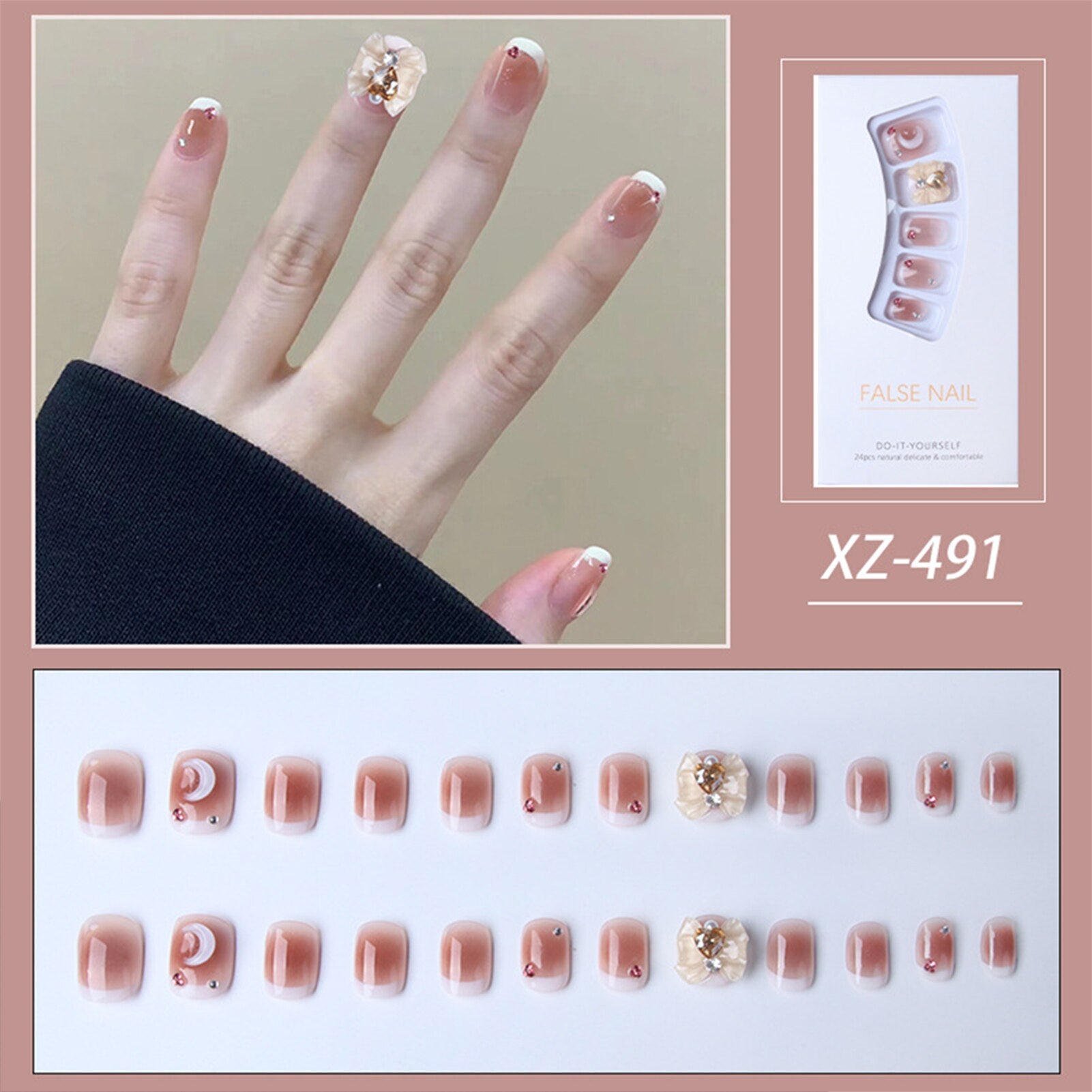 Flytonn White French Tips Artificial Nails With Large Bowknot Decoration Acrylic Nail Kits Rhinestones Fake Nails Press On Square Head