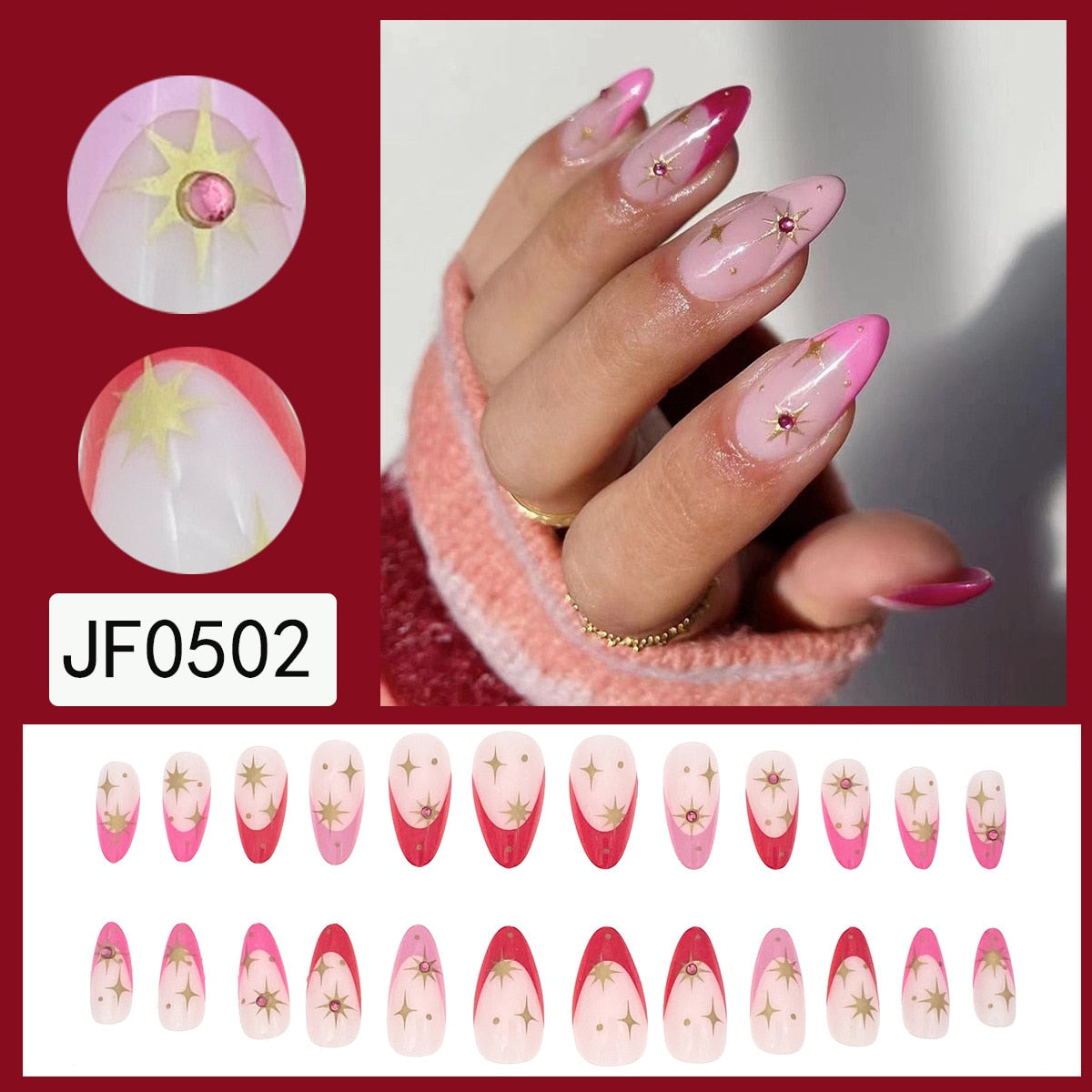 Flytonn 24pcs y2k Nails Set Press On Nail Tips Wearable False Nails With Golden Star Designs Diamonds Colorful French Almond Fake Nails