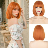 Flytonn Synthetic Short Brown Bob Wig With Bangs Natural Straight Black Red Pink Orange Wig For Women Party Cospaly Hair