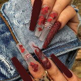 Flytonn  Autumn Winter New False Nails With Designs Long Ballerina Maple Leaf Fake Nails Press On Nails Wine Red French Coffin Nail Tips
