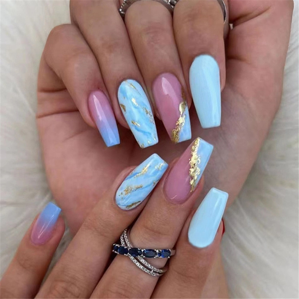 Flytonn Fashion Pink Blue Blooming French Tips Coffin Fake Nail Tips With Designs Ballerina False Nails Set Press On Nails DIY Manicure