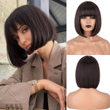 Flytonn Synthetic Short Brown Bob Wig With Bangs Natural Straight Black Red Pink Orange Wig For Women Party Cospaly Hair