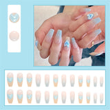 Flytonn  Fashion Gradient Blue Pink Fake Nails Press On Nails Long Ballerina Manicure French Tips Coffin False Nails Patches With Designs