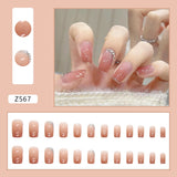 Flytonn 24pcs Sweet French False Nails For Girl Press On Square Nail Wearable Fake Nails With Shiny Designs Diamond Full Cover Nail Tips