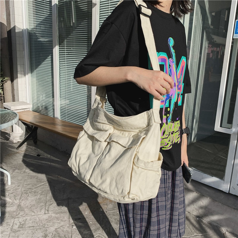 Back to school Korean Fashion Single Shoulder Bag Men Women Universal Student Canvas School Bag Street Trend Retro Large Capacity Bag